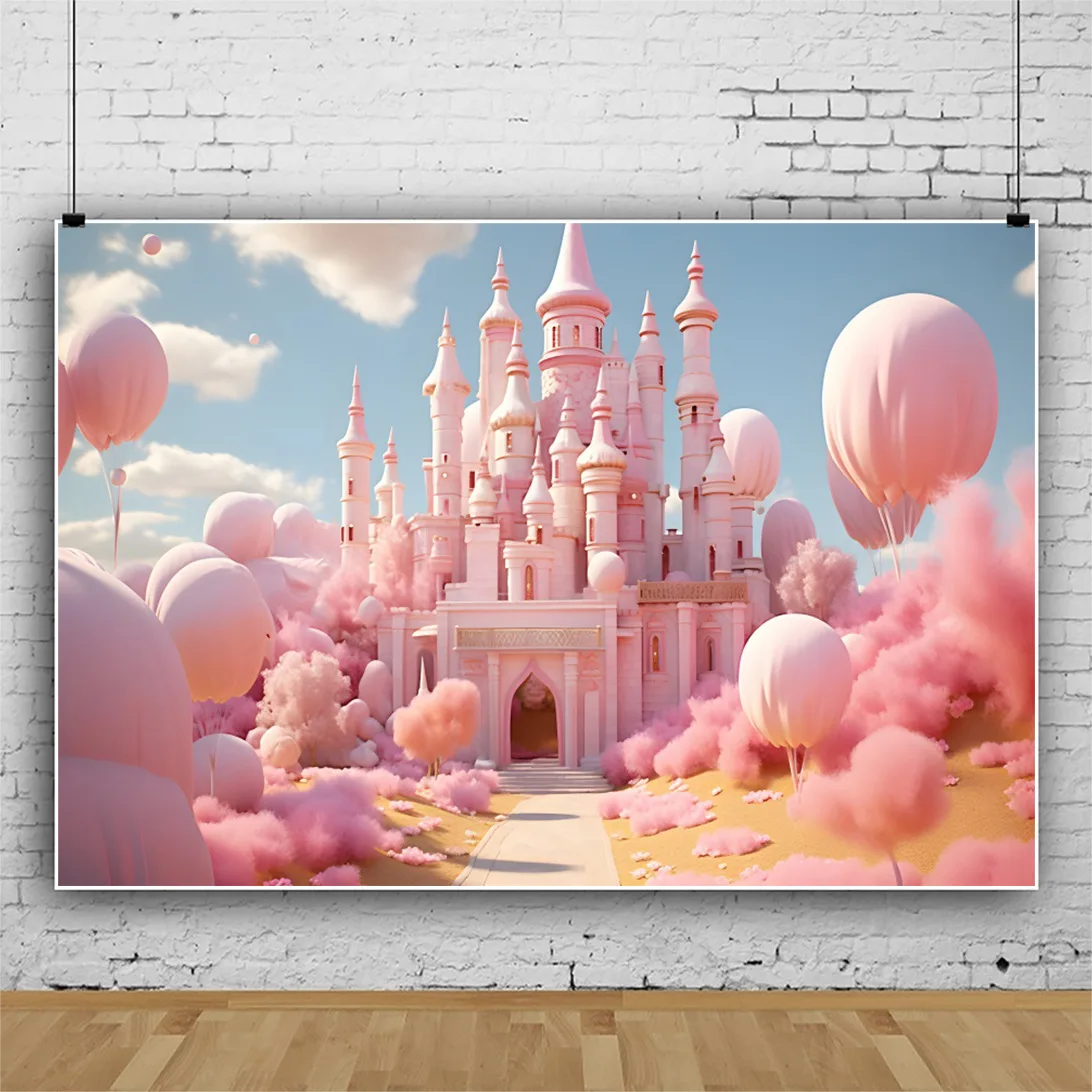 Pink colorful Birthday Party Photography Backdrop For Baby Shower Newborn Cake Decor Banner 3D Balloon castle Flower Background