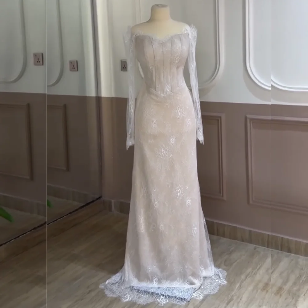 تخصيص جيرسي الدانتيل خارج على الكتف ألف خط فساتين طويلة مناسبة مخصصة امرأة أنيقة حفل زفاف جودة عالية