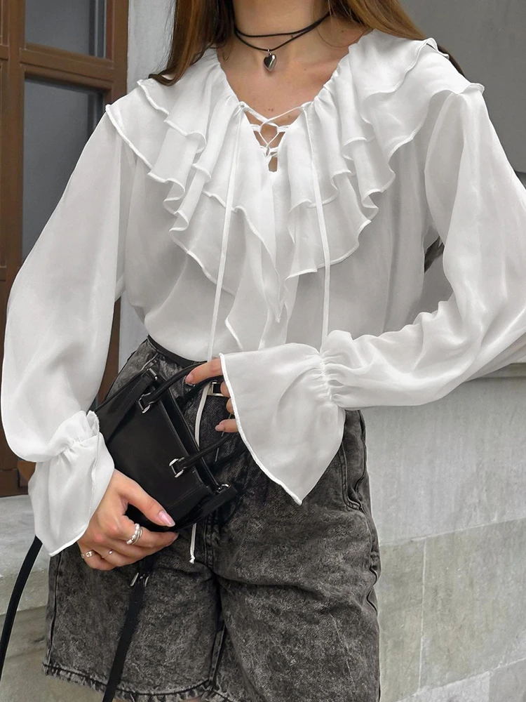 Jyate French White Chiffon Shirt Ruffle V-neck Lace-up Loose Women's Shirt Blouse 2024 Autumn Fashion New Long Sleeve Tops Blusa