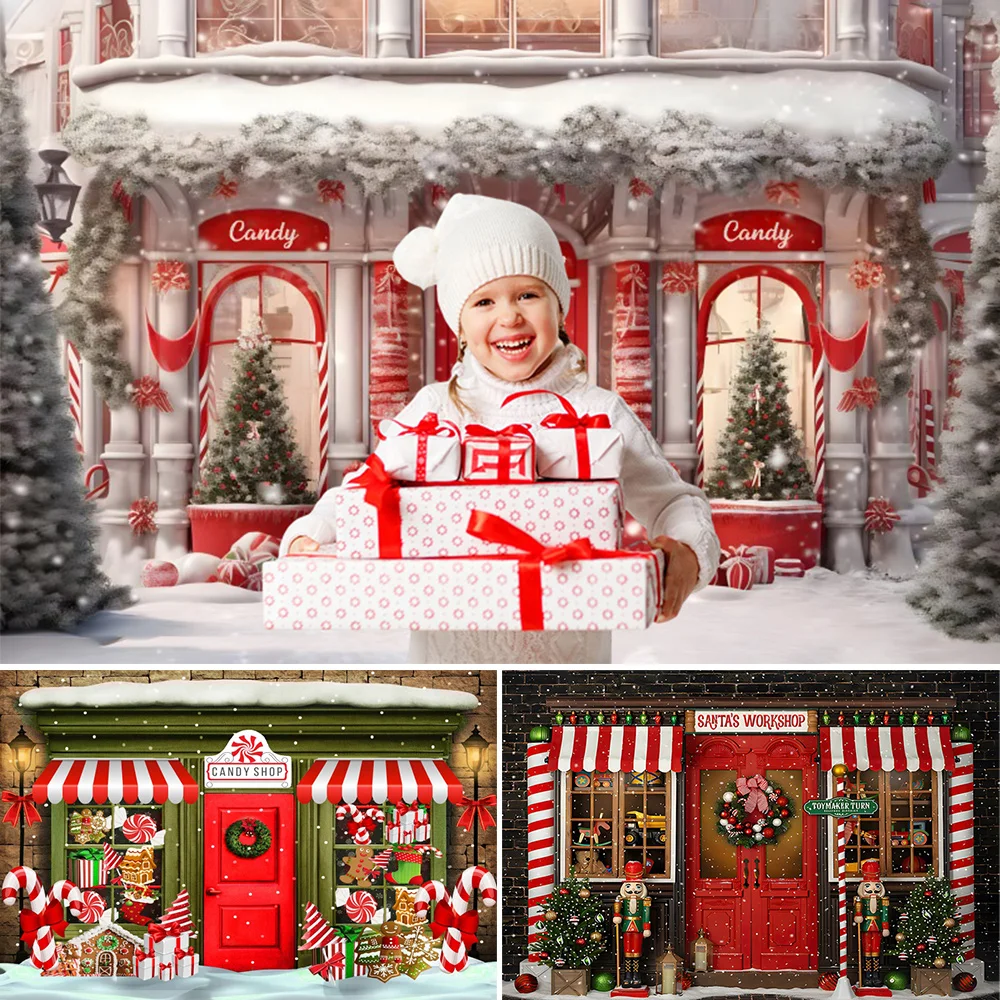 

Christmas Candy Shop Photography Backdrops Winter Outdoor Toy Store Snowy Xmas Tree Gifts Family Party Baby Portrait Background