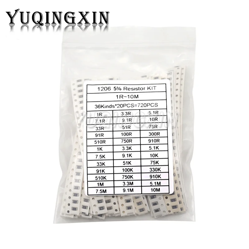SMD Chip Assorted Resistor Kit, Resistance Sample Set, 1 ohm a 10m, 5% 0603 0805 1206, 36valuesX20Pcs = 720Pcs, 720Pcs
