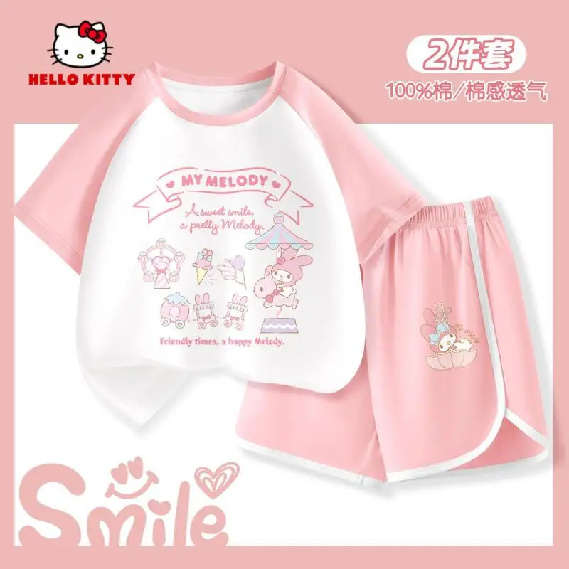 سانريو مرحبا كيتي فتاة الصيف دعوى القطن الخالص تي شيرت السراويل الكرتون الطباعة الراحة ملابس الأطفال Kawaii نمط جديد حار