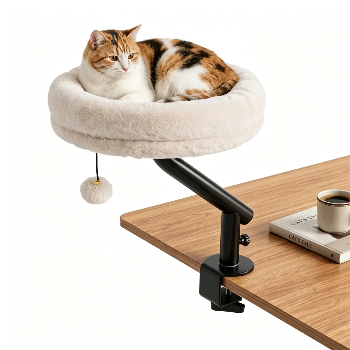 White Clamp‑On Desk Cat Bed Perch, 360 °   Rotatable Elevated Cat Bed with Removable Faux Fur Cover & Dangling Ball, Heavy‑Duty Metal Desk Mount Cat Bed for Home Office Gaming Desk