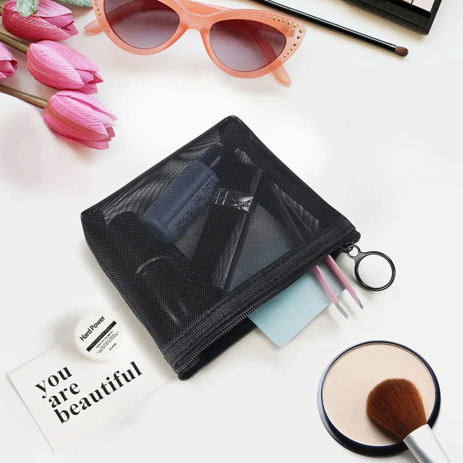 Bolsa de cosméticos de malla negra para viaje, bolsa de maquillaje con cremallera para mujer, neceser de lavado, organizador de maquillaje, bolsa de almacenamiento portátil, 1 ud.