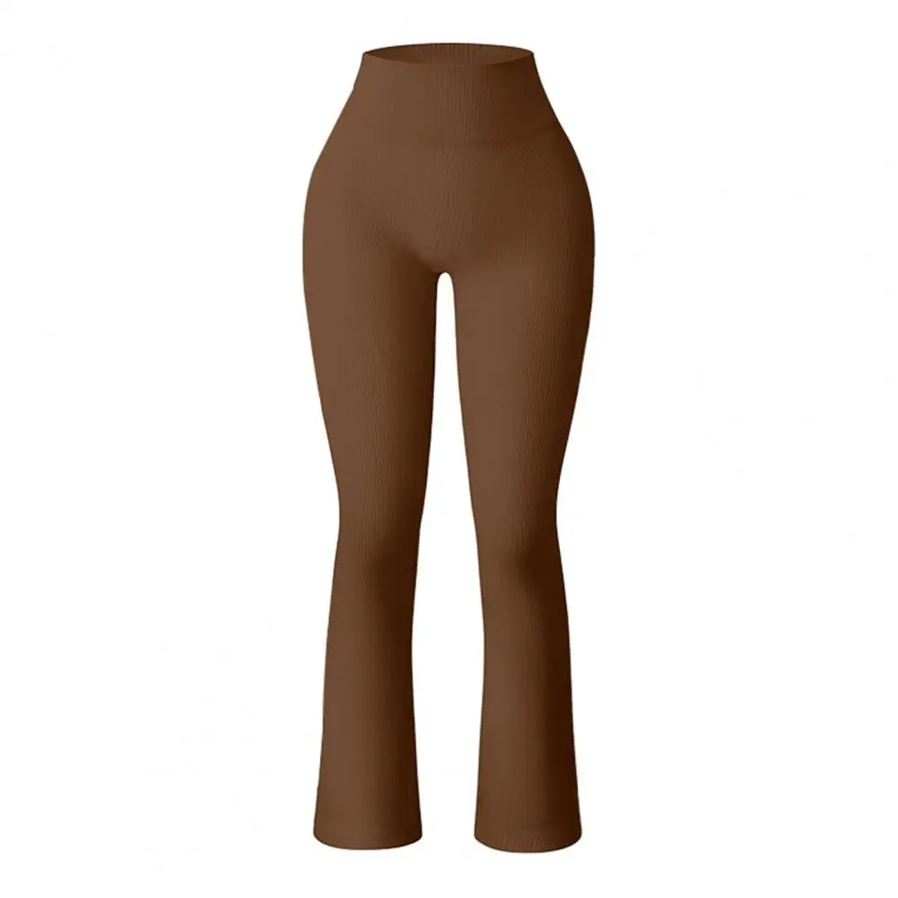 Women Yoga Pants High Waist Leggings Solid Color Elastic Seamless Flared Hem Tummy Control Sports Trousers