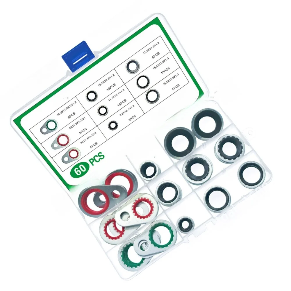 60Pcs AC Compressor Seal Washer Kit Metal Rubber Gasket O Ring Set For Automotive Air Conditioning System Repair Leak For Proof