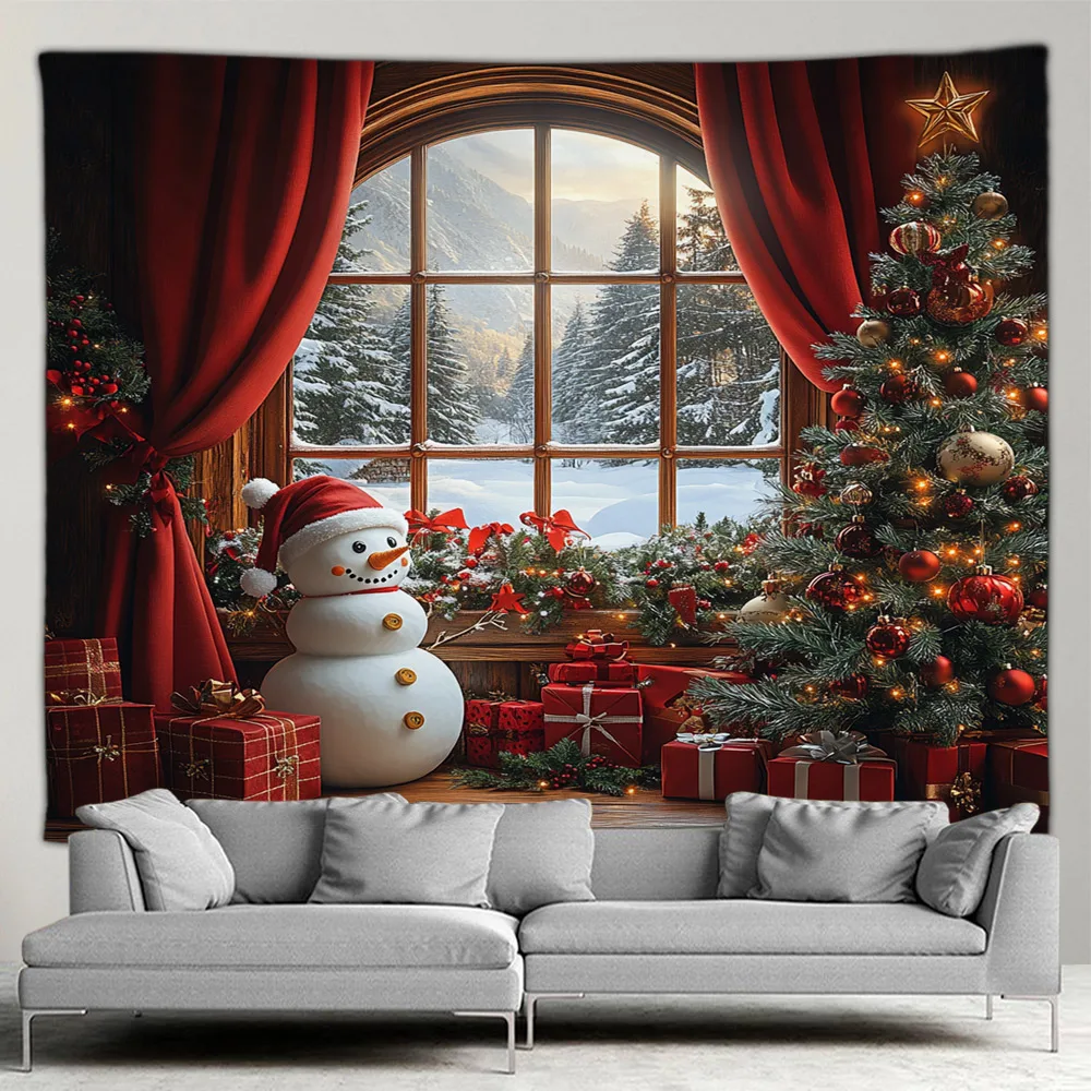 

Christmas Tapestry Cute Snowman Xmas Tree Gift Outside Window Winter Forest Scenery New Year Home Living Room Decor Wall Hanging