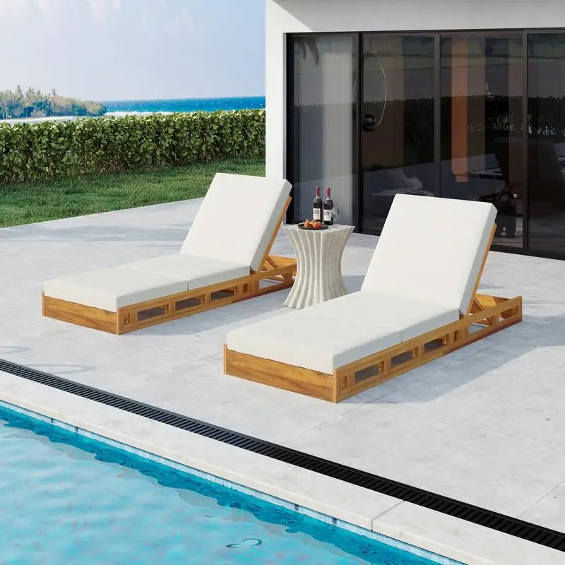 Acacia Wood Lounge Chaise Set with Cream Cushion, Triple Fold - Matching Dark Grey Option Available