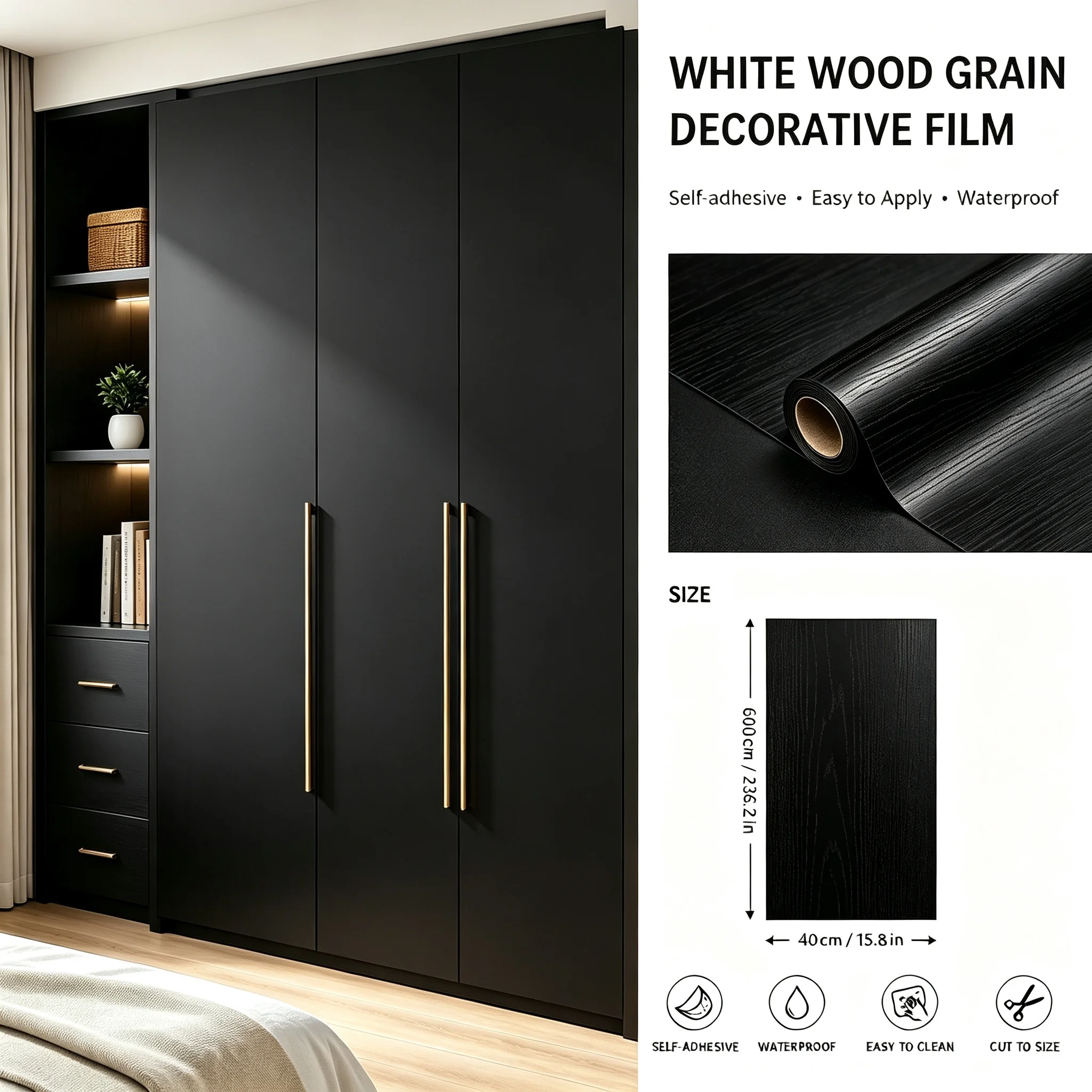 

Thickened Matte Black Self Adhesive Contact Paper Peel and Stick Wallpaper for Kitchen Cupboard Table Wall Furniture Renovation