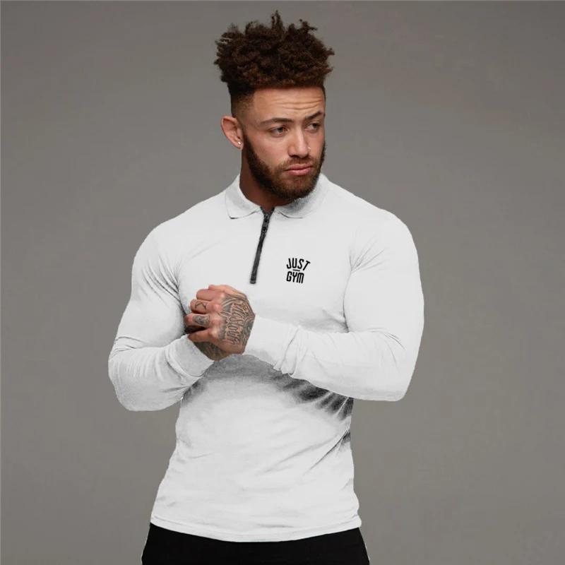 Men\'s Running Fitness Zippered Lapel Polo Shirts Autumn Cotton Long Sleeve Slim Fit Tees Gym Bodybuilding Workout Muscle Shirt