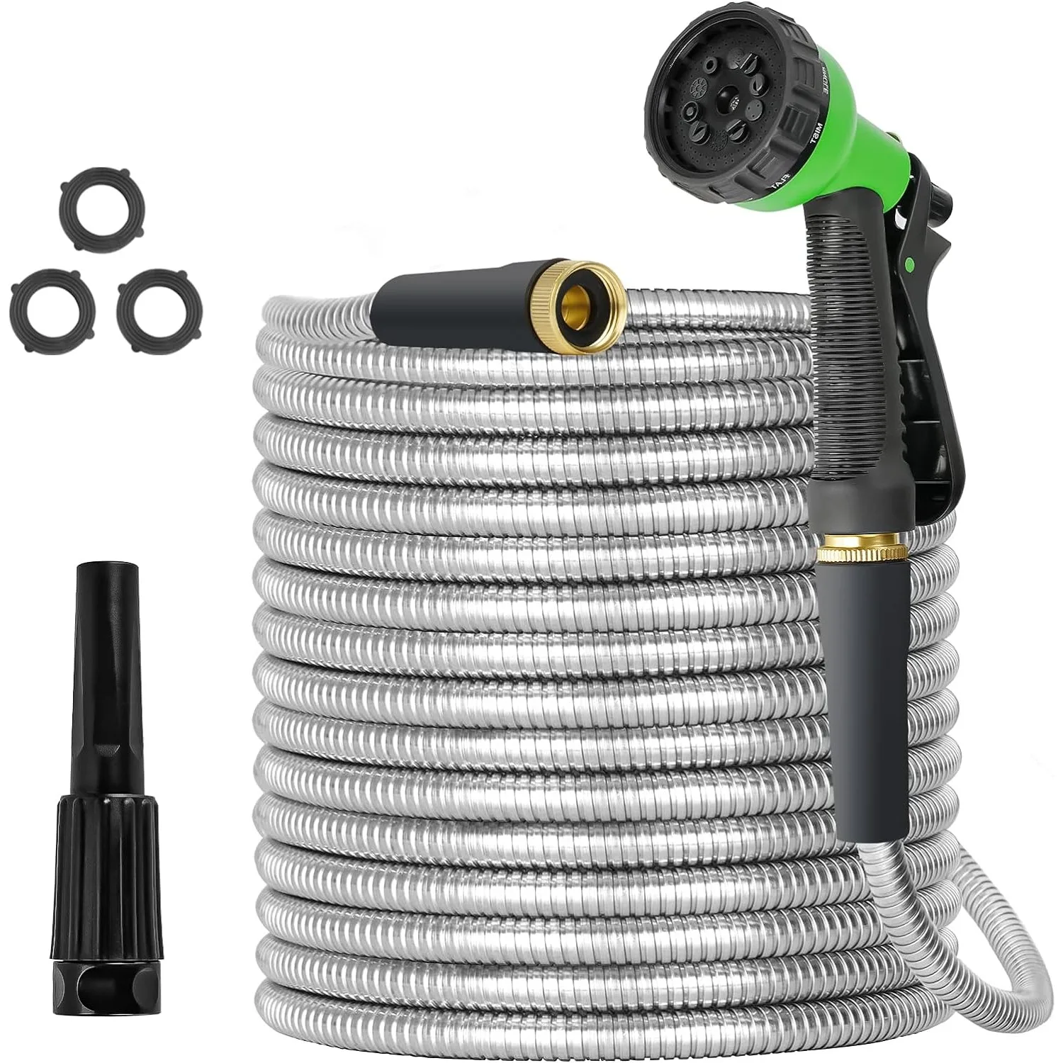 

Metal Garden Hose 100ft Stainless Steel Water Hose Super Tough Flexible Water Pipe with 3/4 inch Brass Fittings & Sprayer Nozzle