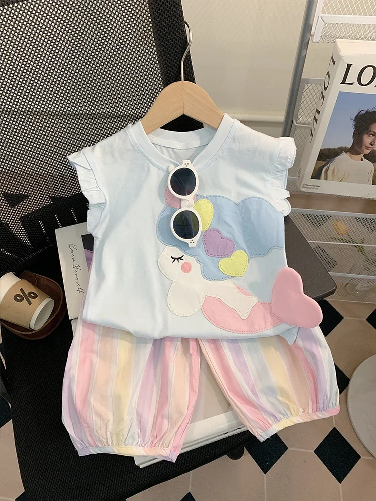 

Модный летний наряд для девочек, тонкий комплект из двух предметов, милая детская одежда, одежда для малышей, повседневная одежда в полоску с узором