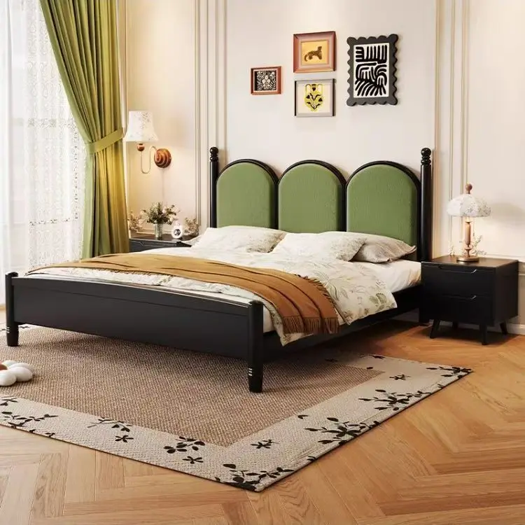 &*Wholesale Cheap Price Vintage Mid-Century Queen Size Double Bed Solid Wood High Quality Soft Bed