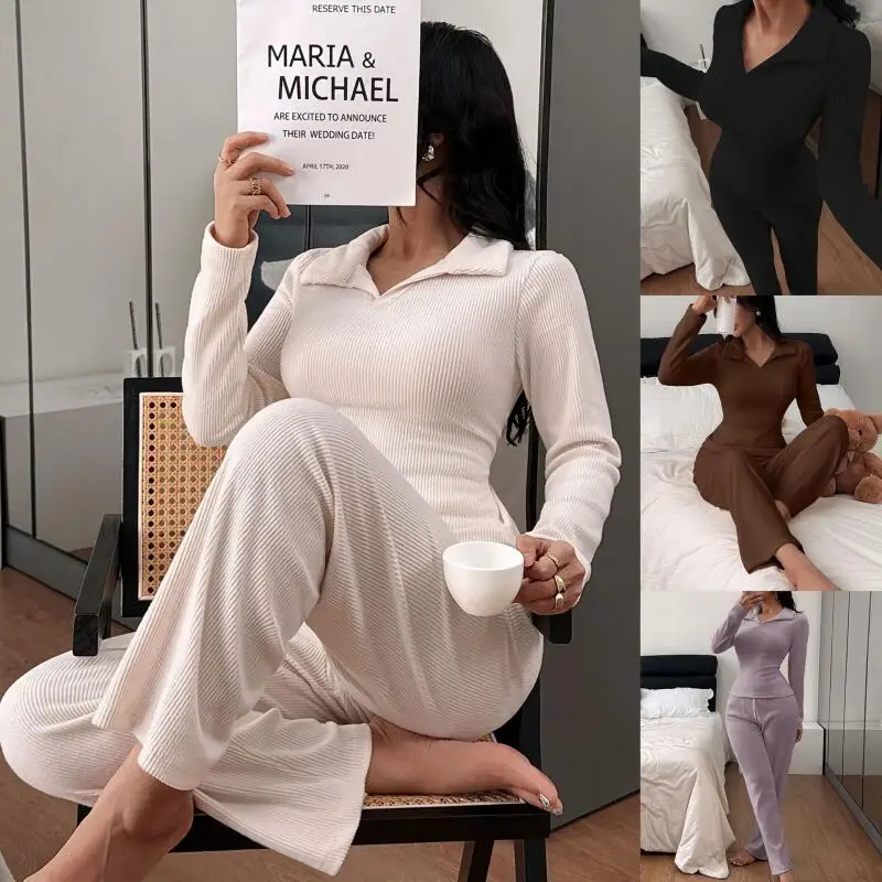 

Knit Pajamas Set Women Long Sleeve Top Pants 2Pcs Sleepwear Autumn and Winter Casual Outfit Home Clothes 2 Piece Set Loungewear