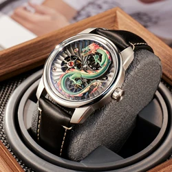 OBLVLO Men's Double Wheels Dial Leather Mechanical Watch Luxury Green Dragon Luminous Waterproof Men's Automatic Watch JM-DRAGON