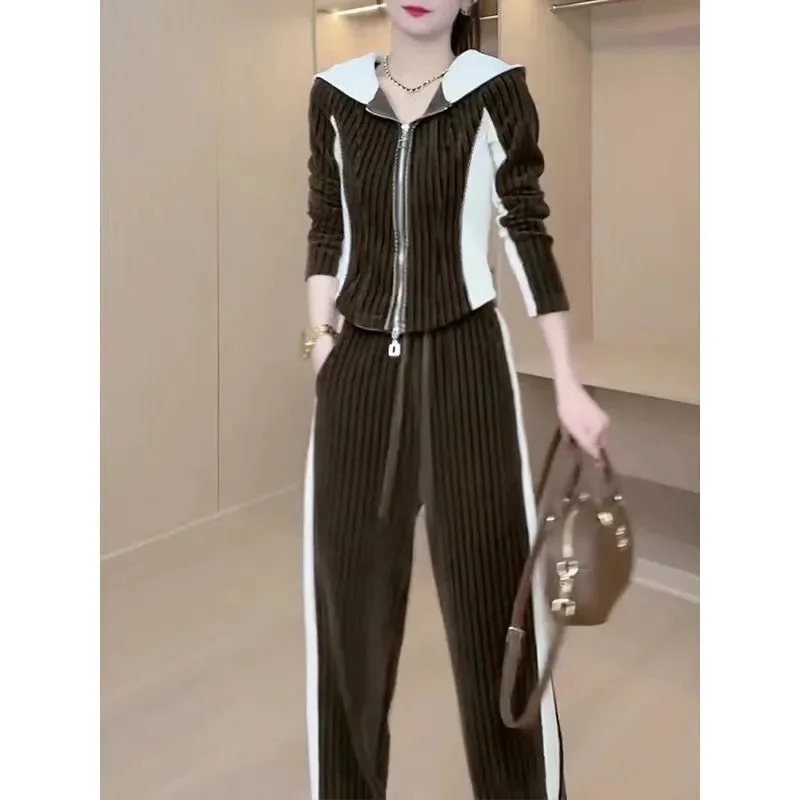 Women Color Blocking Tracksuit Sets Outfit Autumn Female Large Size 4XL Sport Suit Ladies Zipper Style Two Piece Casual Suit Set