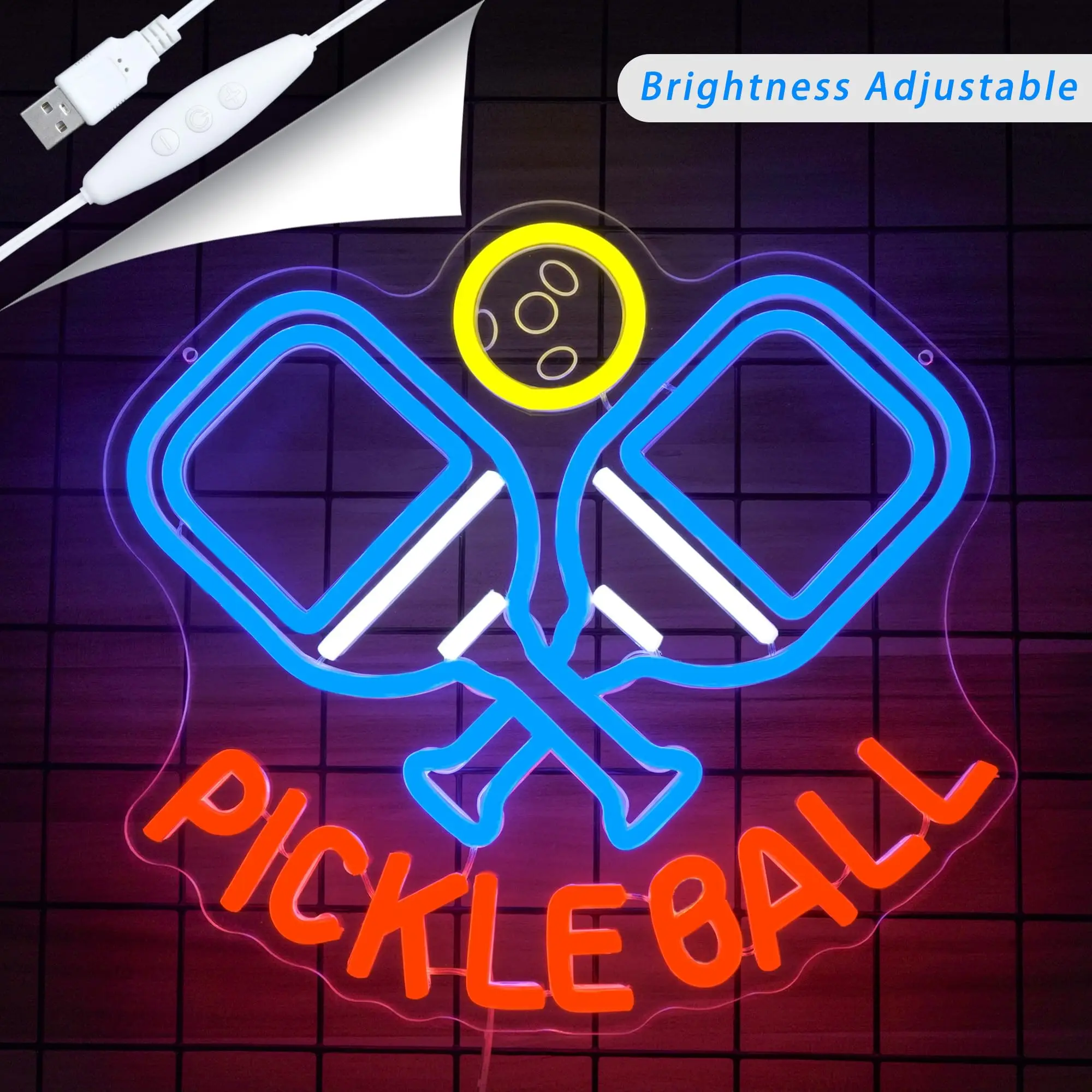Letrero de neón Pickle ball, letreros de neón deportivos de Pickleball LED regulable para decoración de pared, luz vibratoria para fanáticos de los deportes, salas de juegos, bares y