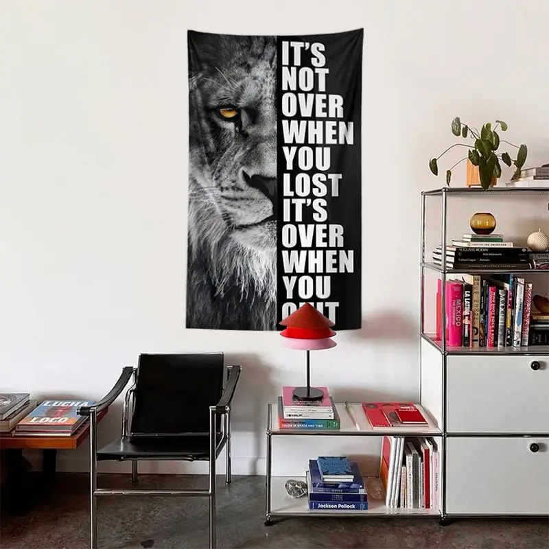 Lion Inspirational Quote Tapestry, Black-and-White Lion Slogan Wall Hanging, Motivational Decor for Home, Office, and Gym Wall