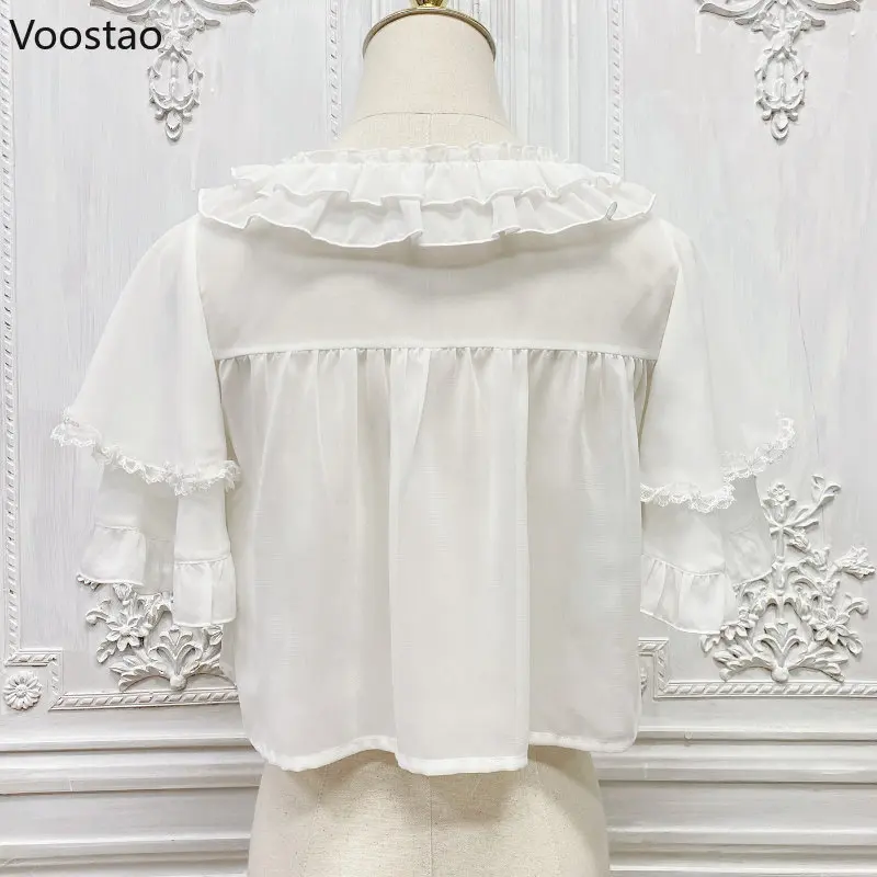 Summer Vintage Kawaii LolitaPrincess Blouses Women Japan Style Bow Lace Ruffles O-Neck Short Shirts Girl Chiffon Jsk Inside Tops