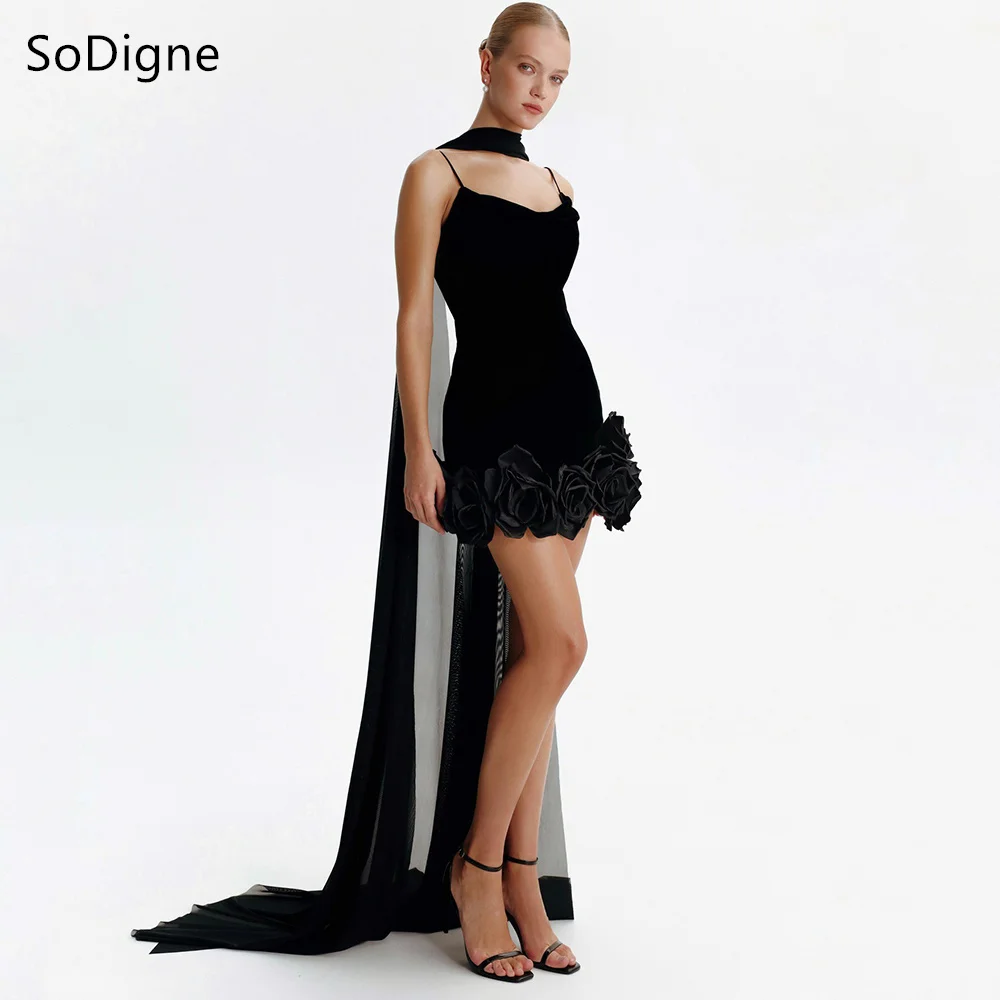 SoDigne Mini abiti da ballo sexy in velluto nero Fiori con cinturino per spaghetti Abito da festa Guaina affascinante Abiti da ballo a sirena personalizzati