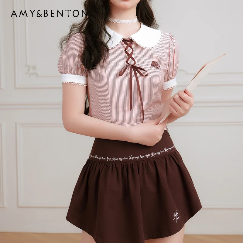 American Retro College Style Pink Striped Lotus Leaf Collar Cute Sweet Slim Top Dark Slim Pleated Skirt Versatile Suit For Girls