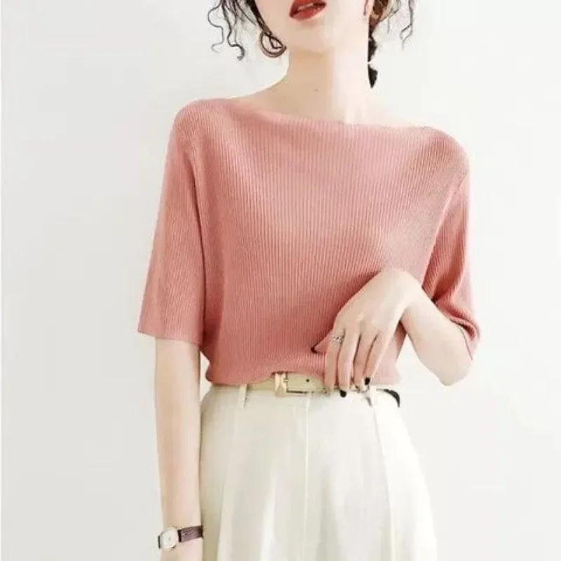 Korean Fashion Women One Line Neck Knitted T-shirt Summer New Half Sleeve All-match Basic Bottoming Pullover Solid Casual Tops