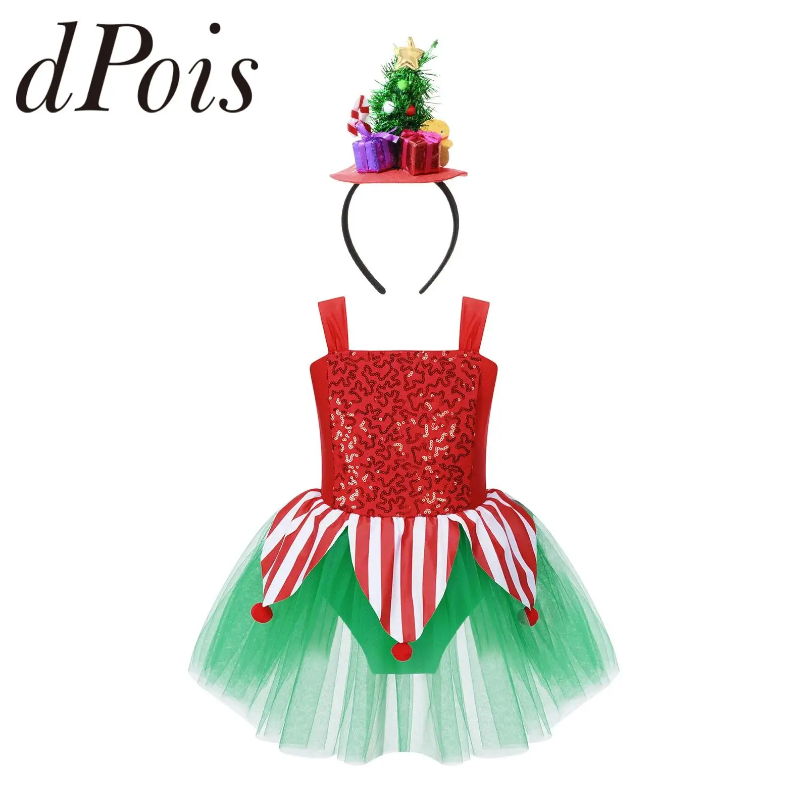 

Kids Girls Sleeveless Festival Party Gown Sequin Pompom Tutu Leotard Dress with Hair Hoop Child Holiday Clothes Christmas Dress