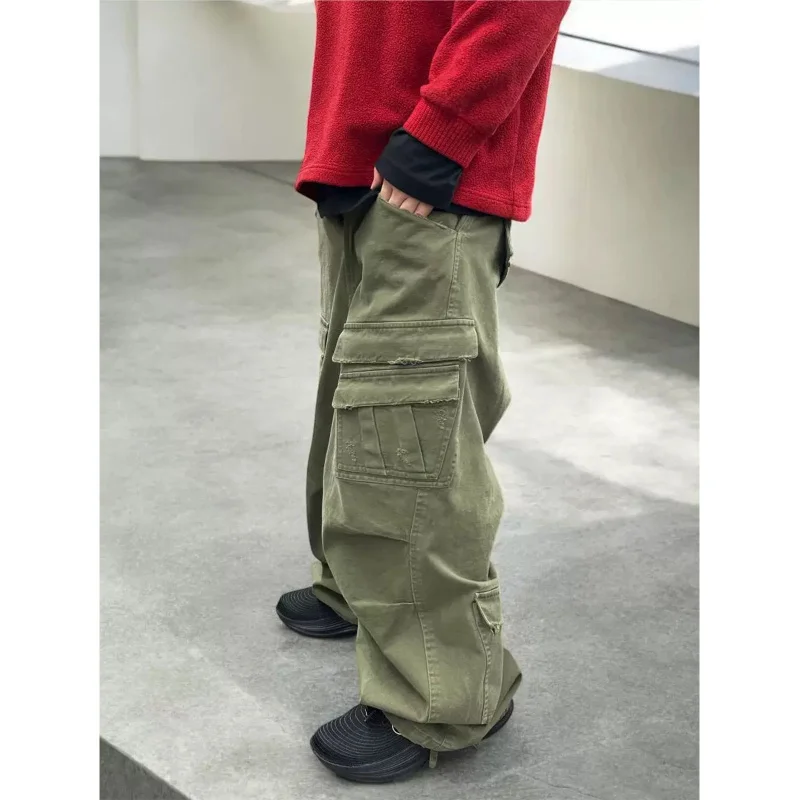 

Retro Waed Vintage Military een Work Pants Multi-ket Straight Casual Trousers Trendy Cotton mid Waist Function Sle