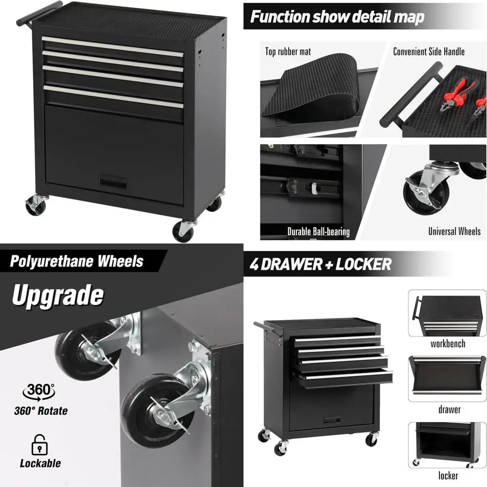 Multifunctional Rolling Storage Tool Chest with 4 Drawers, Heavy Duty Toolbox Organizer on Wheels for Garage and Workshop