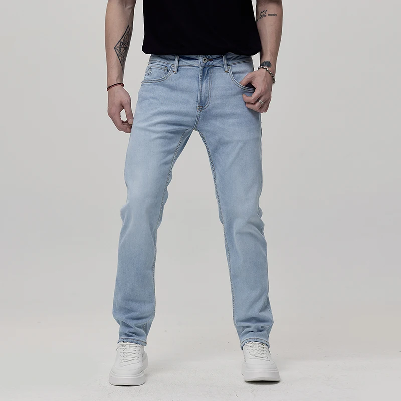 2024 Spring and Autumn New Men's Clothing Casual Trend All-Matching Comfortable Slim Fit Skinny Light Color Denim Trousers