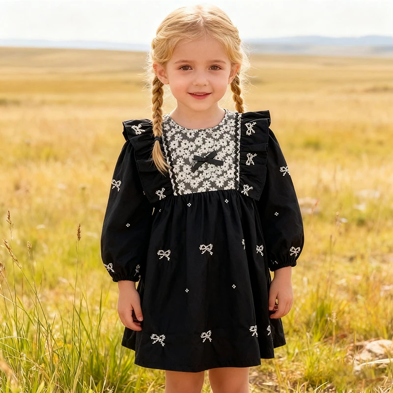 Neue Baby Mädchen Spitze Kragen Kleid Schwestern Kleidung Kinder Mädchen Prinzessin Kleid Schwarz Mode Party Kleidung Sticken Blumen Kleid