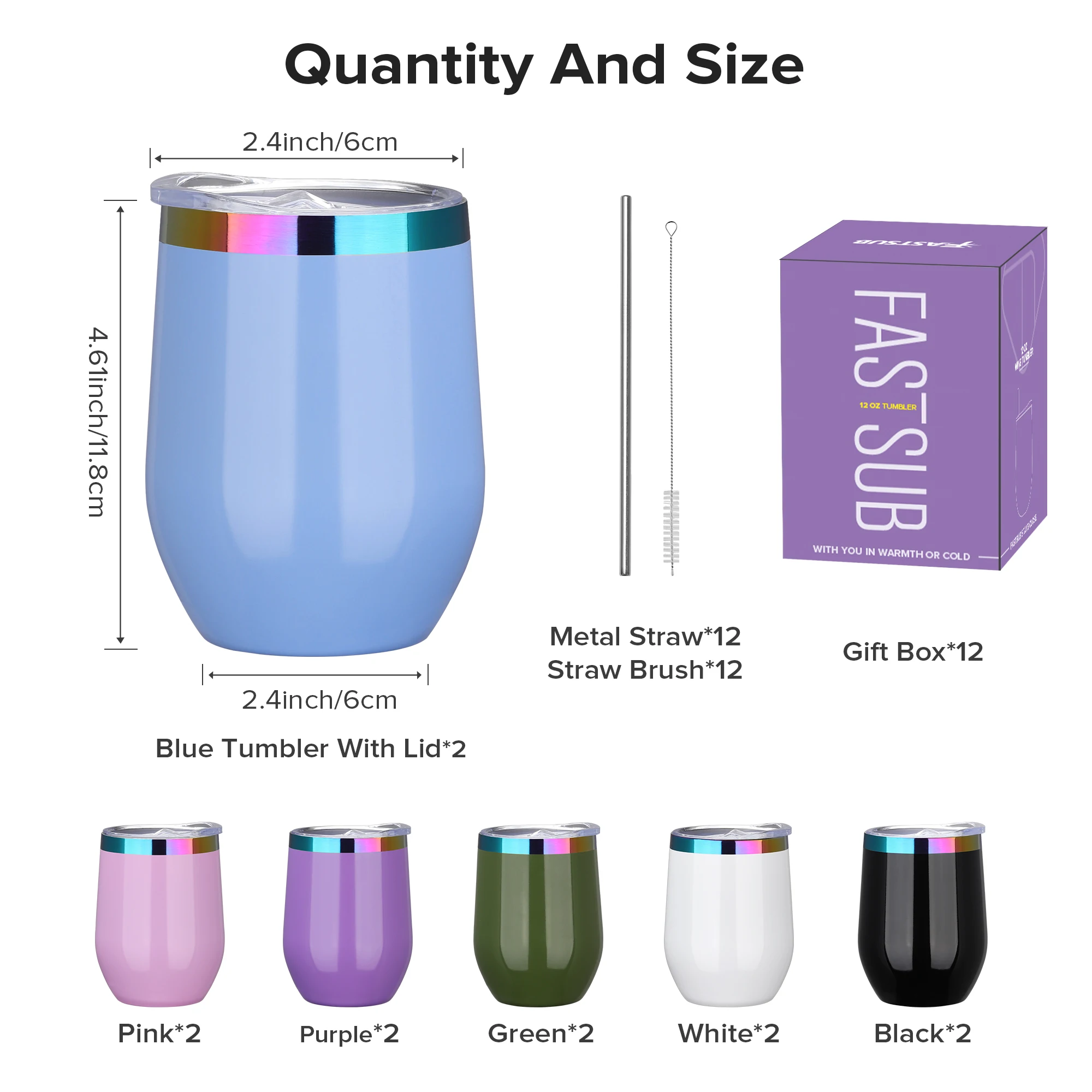 12 Pack 12 oz With Cap Stainless Steel Insulated Stemless Double Wall Vacuum Wine Glass, for Laser Engraving Gifts, 6 Colors view 3