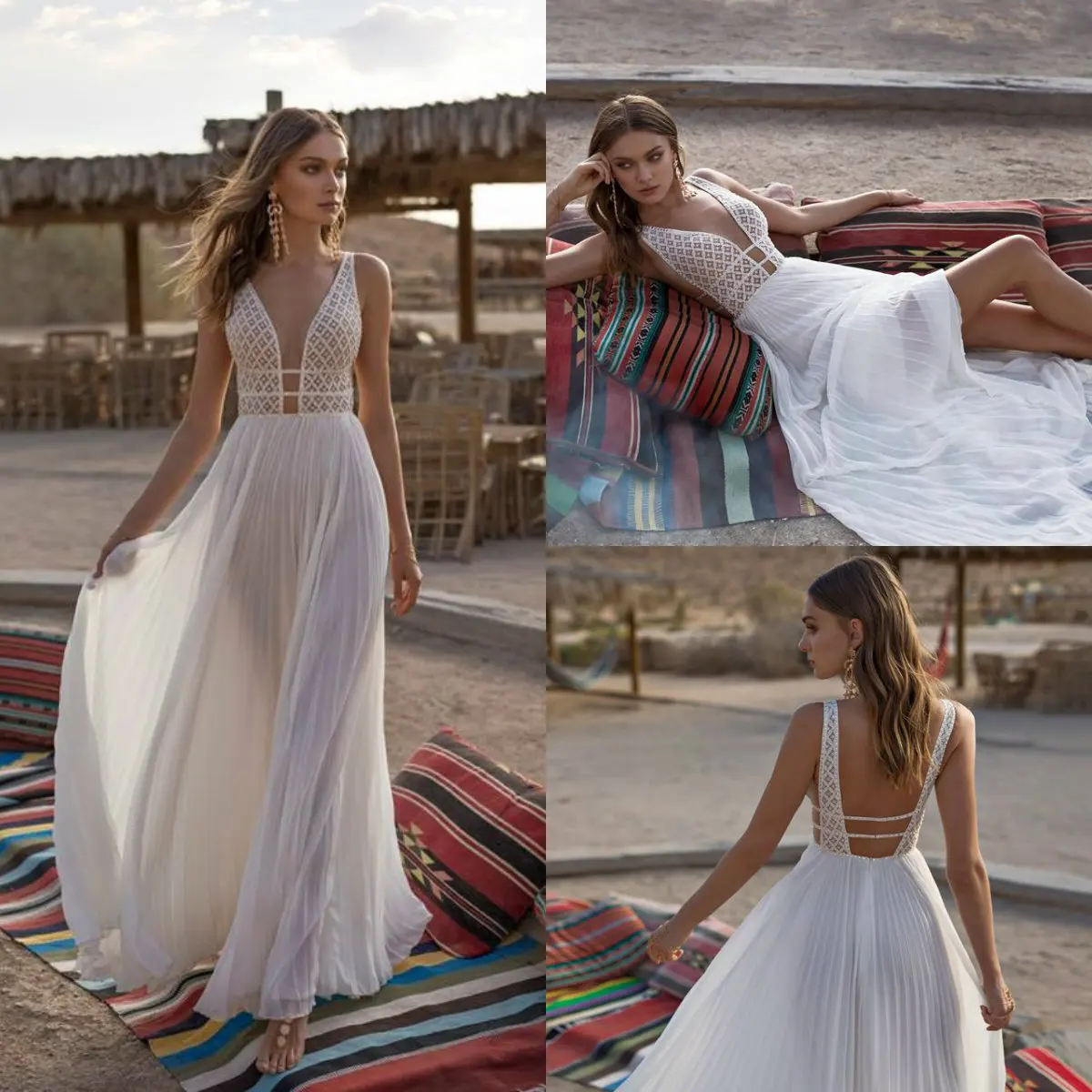 Beach Boho A Line abiti da sposa Illusion scollo A V abiti da sposa in pizzo Sweep Train Backless Bride Dress Custom Made