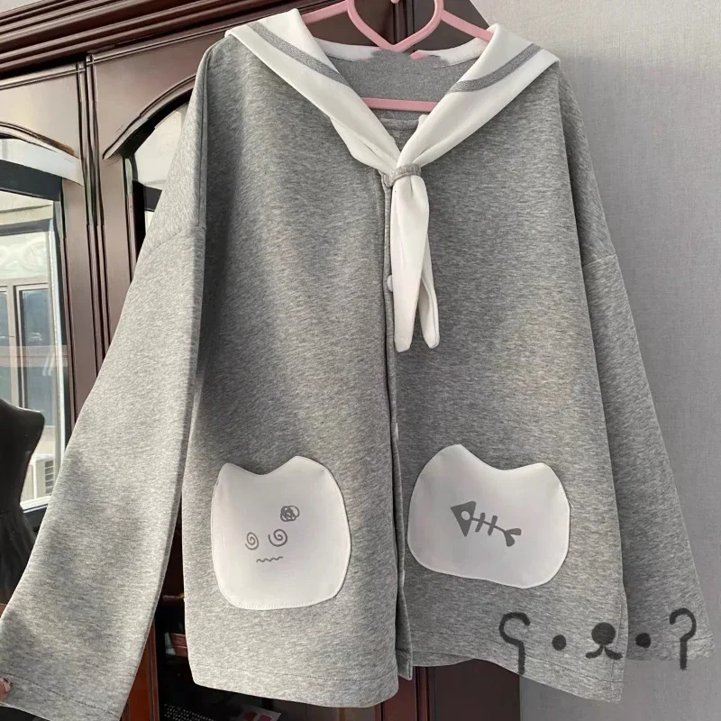

Japanese Contrast Color Sailor Collar Y2k Hoodies Women Autumn Pocket Hoody Kawaii Single Breasted Loose Cute Sweatshirt Top