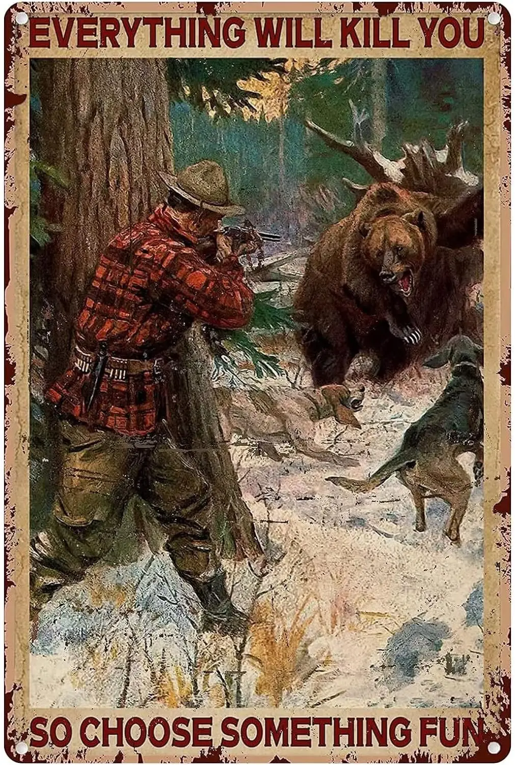 Durable Metal Sign Hunter Hunting Bear Tin Sign Vintage Garage bar Coffee Shop Home Wall Decoration Cowboy Sign 12 x 17 inc sign