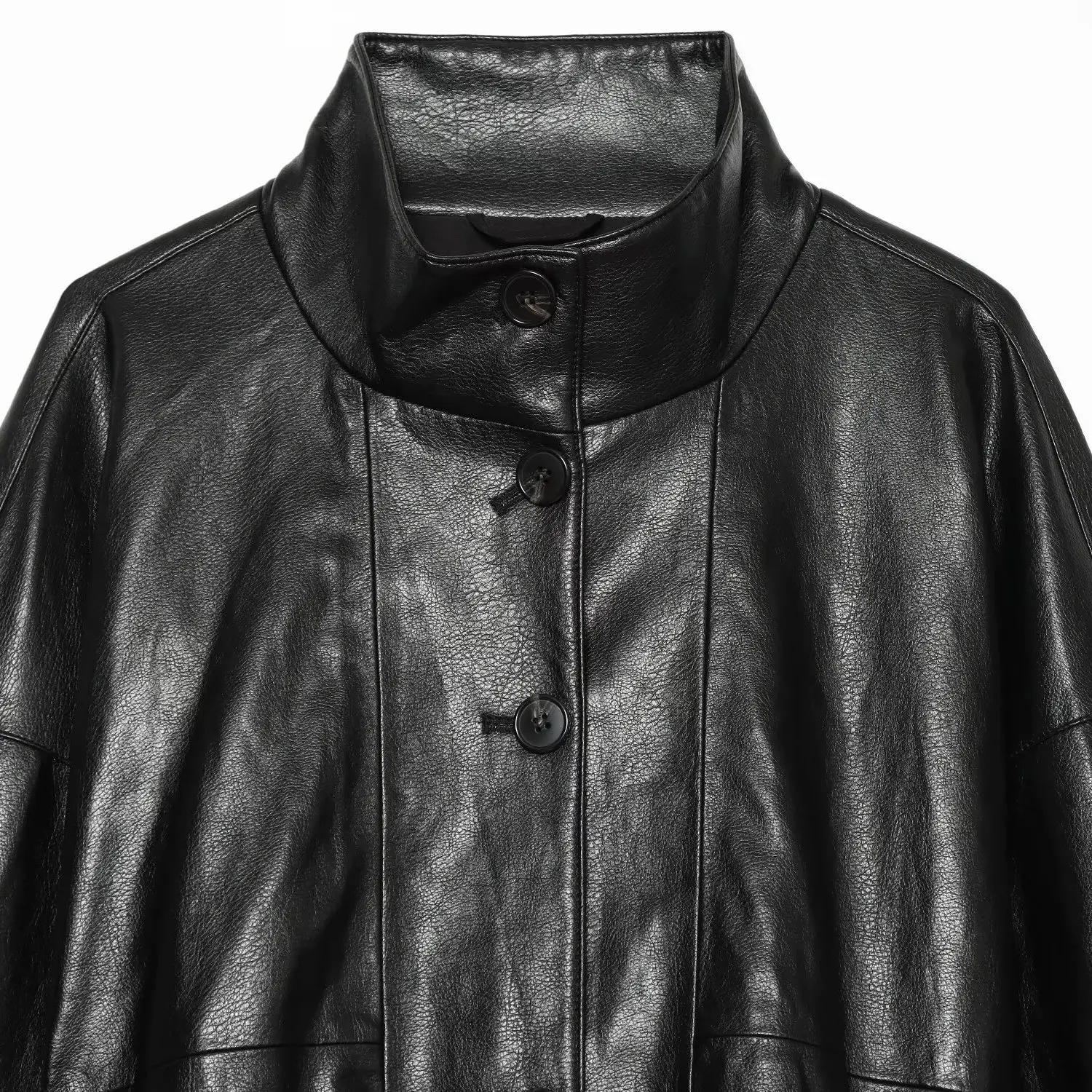 KASLEAD New Women's High-End Feelings Chimney Collar Coated Jacket Short Length Long Sleeve Autumn Fashion Ladies Leather Coat