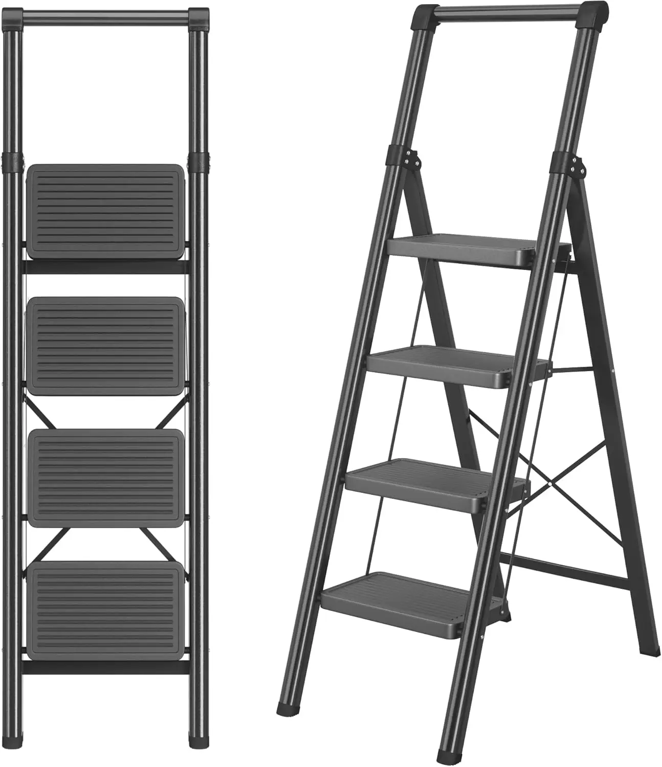 

Folding Step Stool with Anti-Slip Pedal, Sturdy Steel Ladder for Home Use in Black