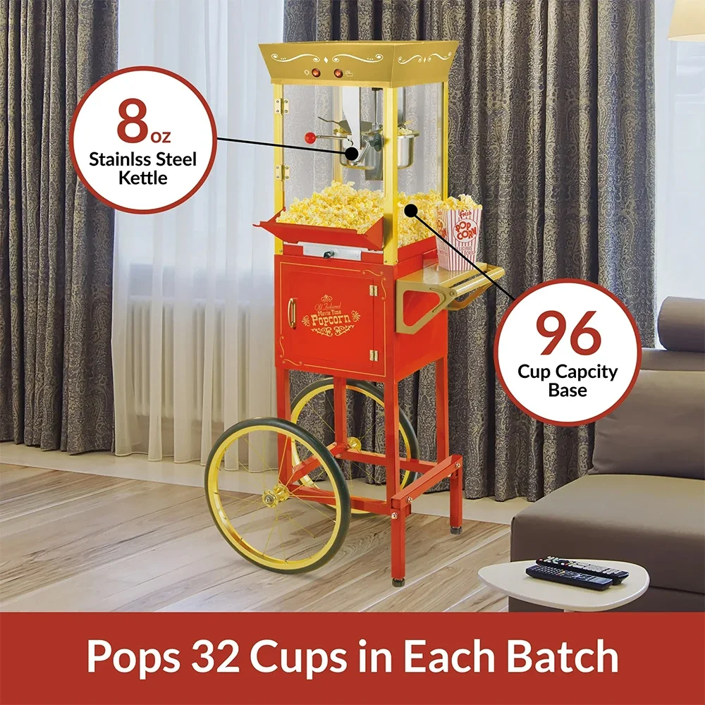 Commercial Popcorn Making Machine With Cart Wheels & 8 Ounce Kettle For Hotel Home Movie Theater For Sale Snacks Popcorn Maker