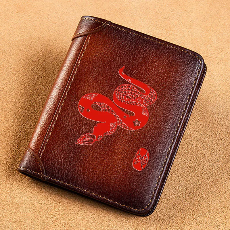 

High Quality Genuine Leather Men Wallets Chinese Zodiac Snake Signs Short Card Holder Purse Trifold Men's Wallet BK3822