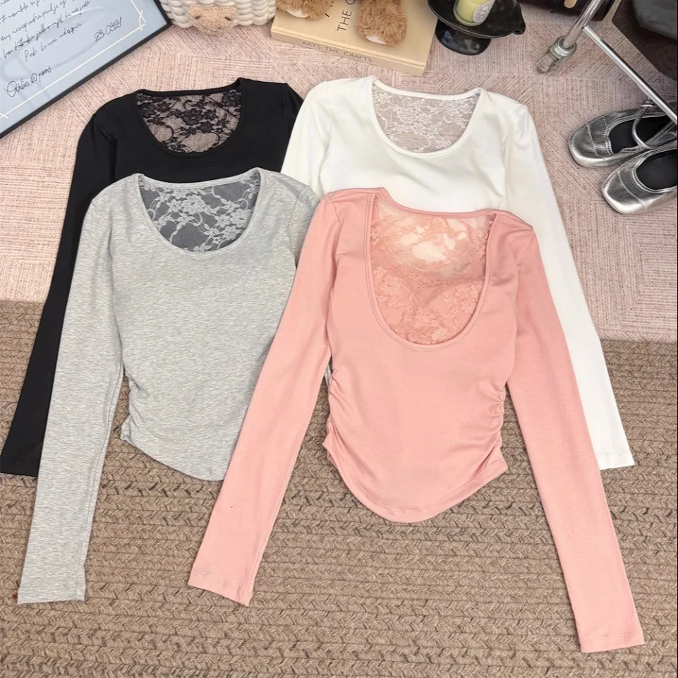 Early Autumn Pure Desire Square Collar Lace Splicing Long Sleeve T-Shirt Women Slim Fit Fixed Belt Chest Pad Slimming Versatile