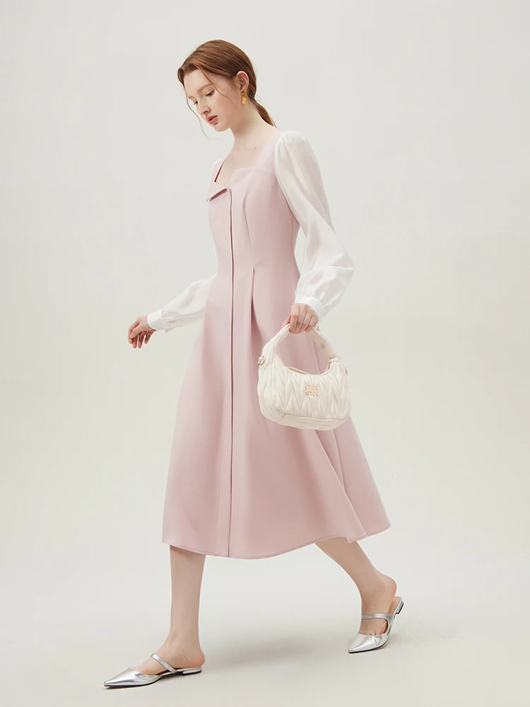 FSLE Hepburn Style Ladylike Long-sleeved Fake two-piece French Dress for Women Irregular Collar A-Line Dress Female 24FS11232