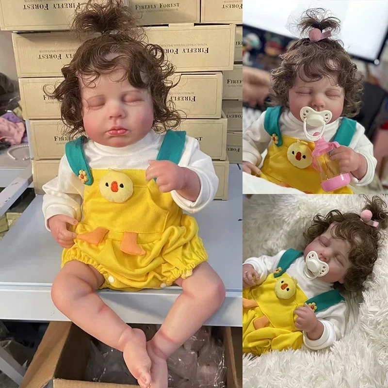 48CM Loulou Reborn Baby Dolls Sleeping with Curly Hair Sweet Baby Girl Already Painted 3D Skin with Visible Veins Same as Photos