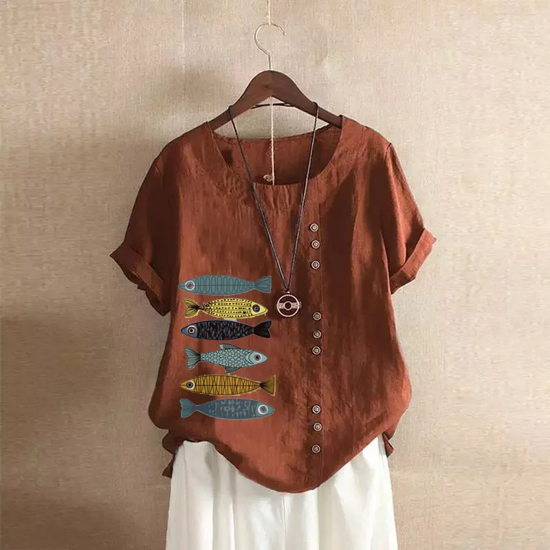 Women Cotton Linen Blouse Shirts Summer O-Neck Short Sleeve Vintage Floral Print Loose Tops WYLP-AL620409060860