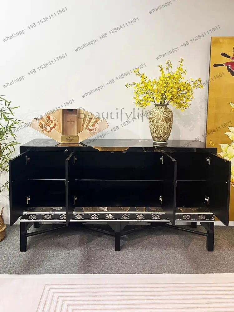 New Chinese-style entrance cabinet painted black background lotus TV cabinet solid wood
