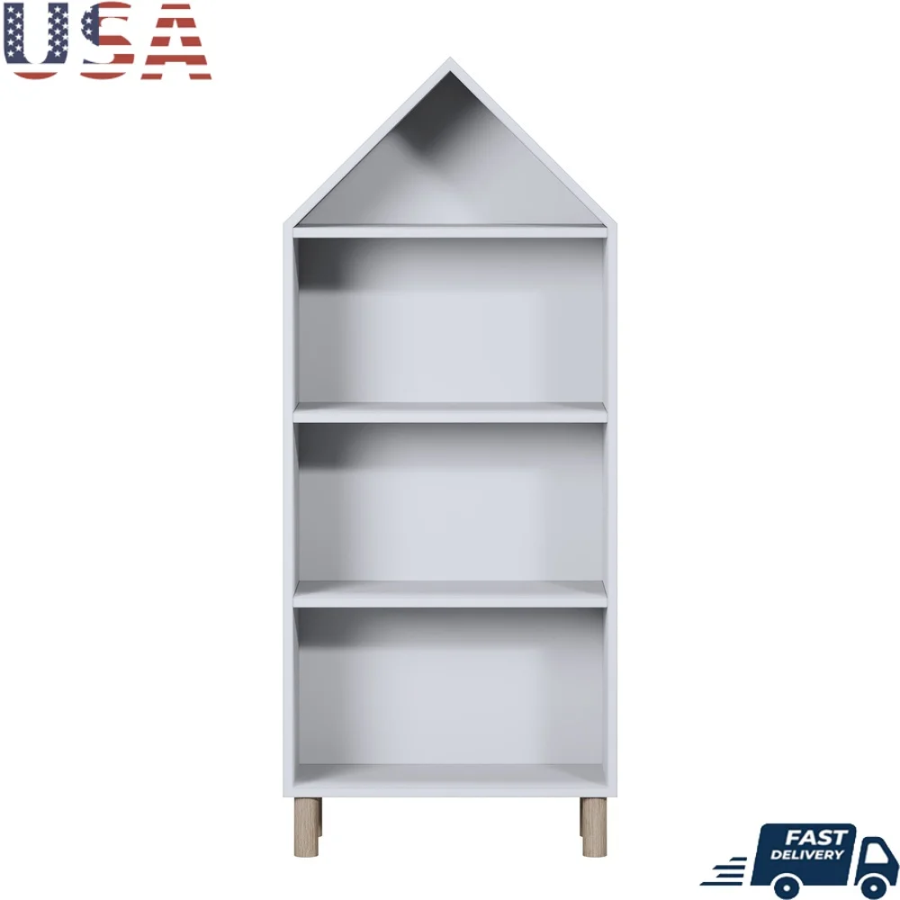 

House Shaped Bookshelf Kids Room Durable Manufactured Wood Storage Display Versatile Self Assembly Modern White Finish 3 Shelves