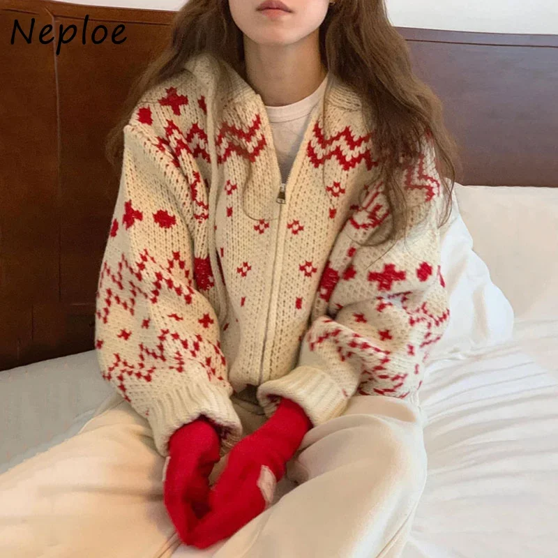 Neploe Hooded Collar Long Sleeve Jacquard Sweater Jacket Autumn Winter Vintage Cardigan Women Y2k Zipper Christmas Outerwear