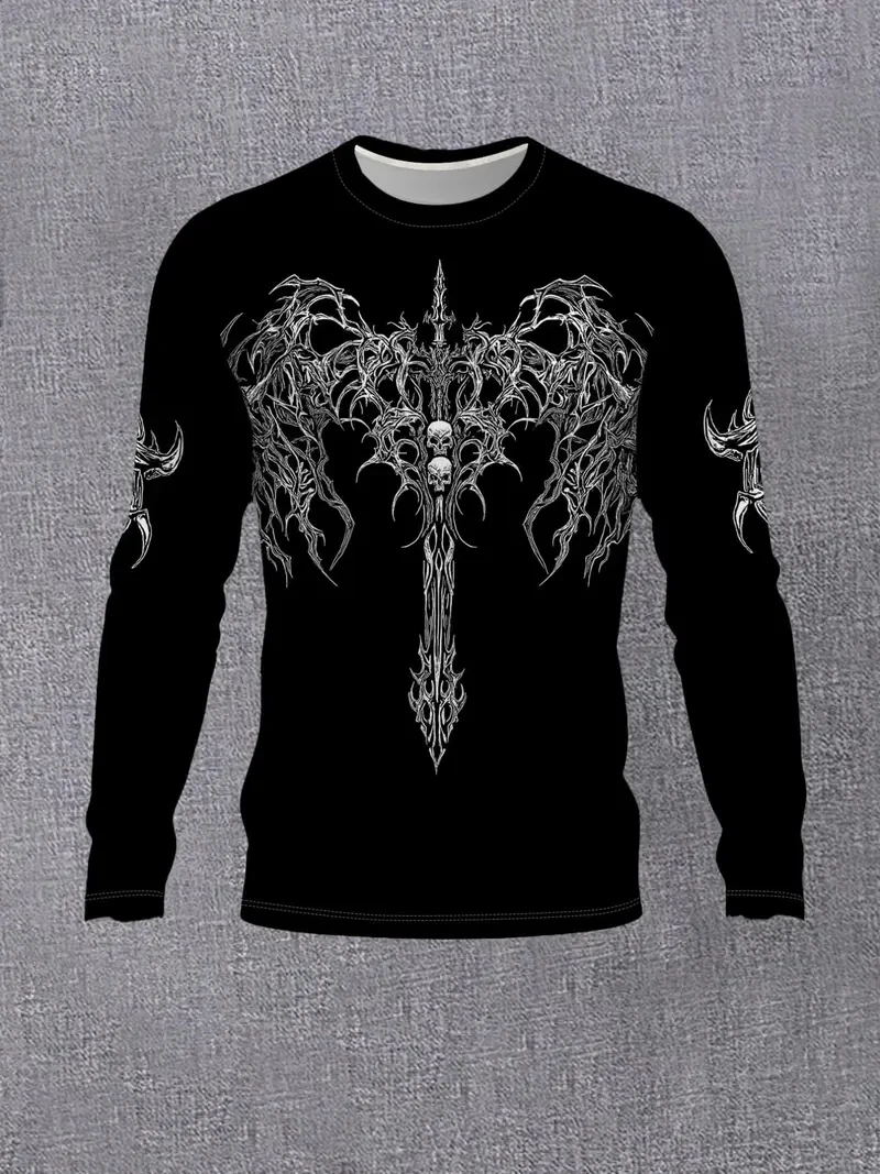 Herren Halloween Geflügelter Schädel Ritter Print Langarm T-Shirt Atmungsaktives Casual Langarm-Oberteil für den Alltag und Outdoor-Aktivitäten, Familienoutfit – Detail 7