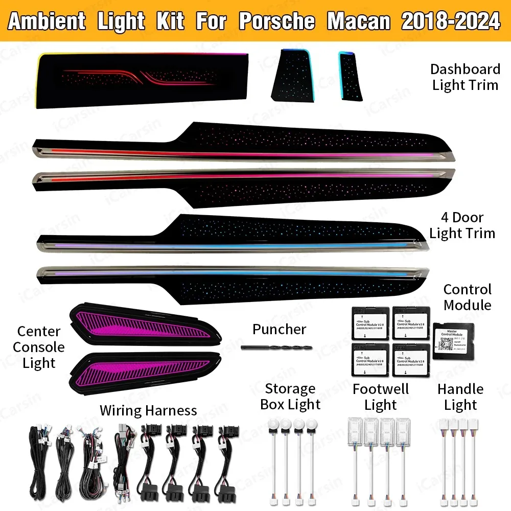 

Новый звездный динамический окружающий свет для Porsche Macan 2018+, внутренняя светодиодная подсветка, обновленная декоративная панель, аксессуары для атмосферы