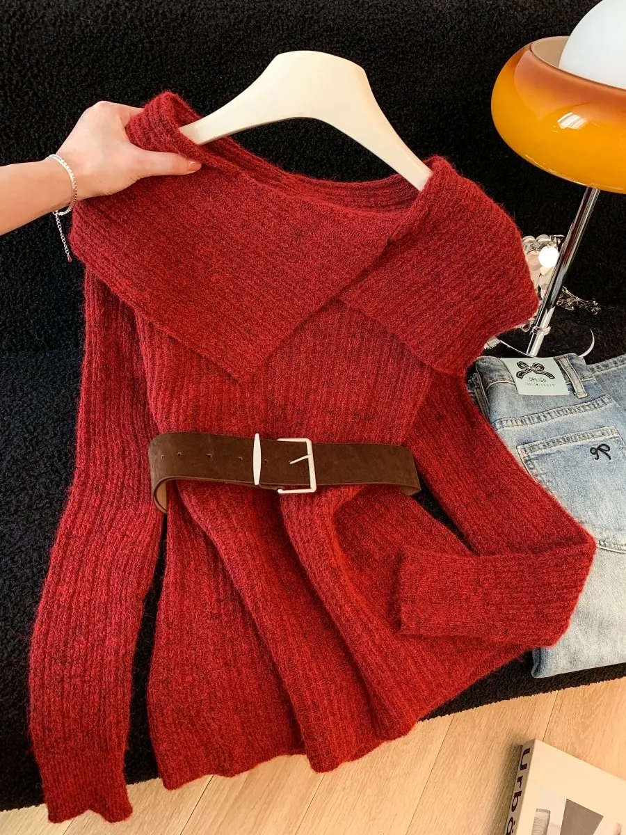 

Cisas Red Lazy Sle off oulder Irregular Collar Knitted Sweater Women's Winter Faion Casual Vintage Polyester Fiber