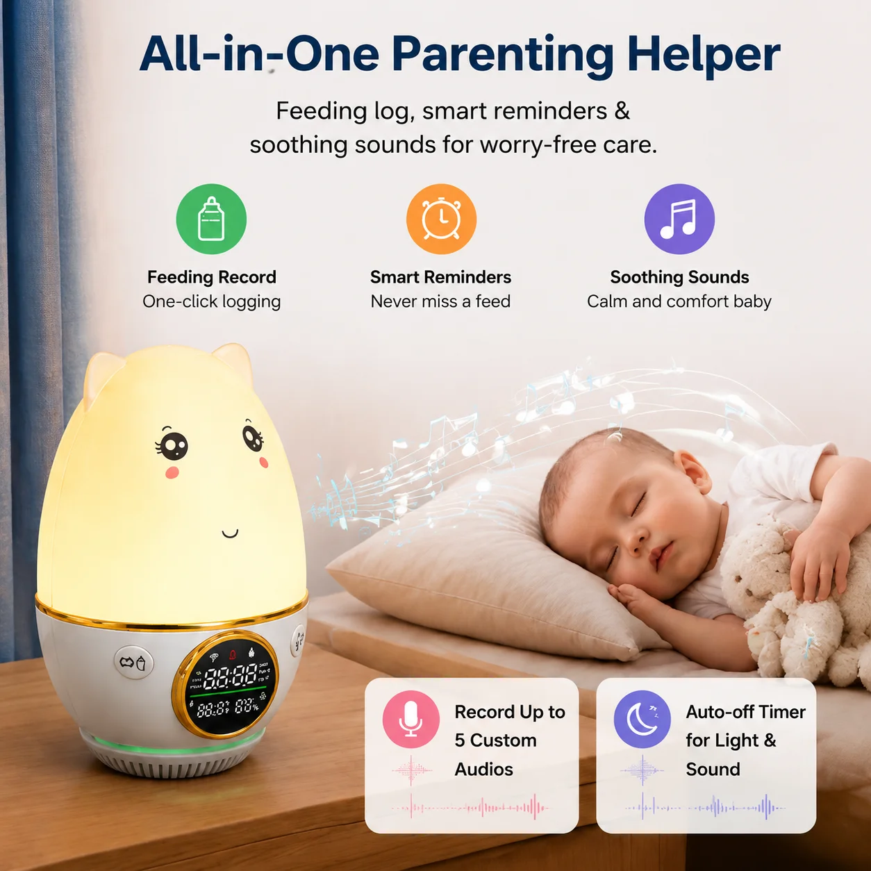 Tuya Smart Baby Monitor AQI CO2 PM2.5Temp Humidity Sensor Feeding Reminder Audio Recorder Alarm RGB Dimmable NightLight BabyCare